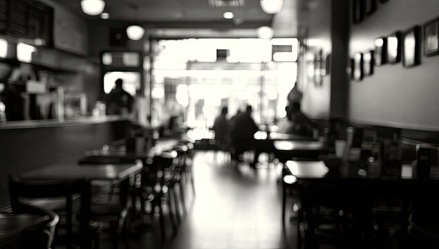 Soft focus black and white interior of a diner with tables and customers