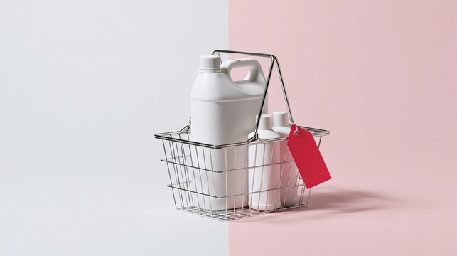 A modern metallic wire shopping basket containing a large white cleaning canister and three smaller bottles, set against a vibrant dual tone background of white and pastel pink.