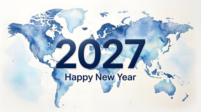 New year 2027 celebration with a world map background for global festivities