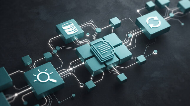 Digital network of interconnected cubes with icons for data, search, and refresh, symbolizing information flow and technology, representative of data management and system connectivity