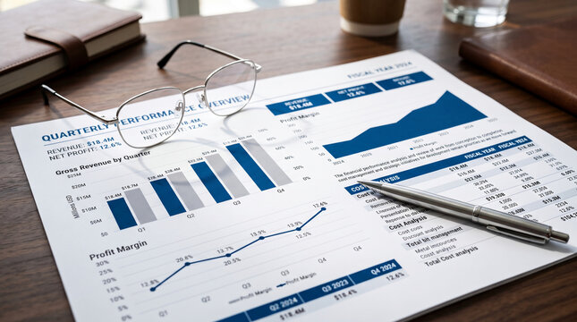 Financial reports with charts, graphs, and a pen on a wooden desk, symbolizing business analysis and planning.