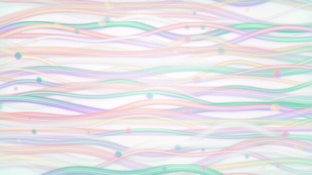 Soft pastel waves gently undulate and flow horizontally across a clean white background, creating a serene and ethereal abstract animation with delicate glowing spheres subtly drifting, perfect for...