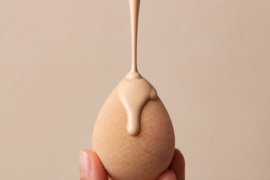 A drop of beige cream is falling onto a textured, egg-shaped object against a plain background.