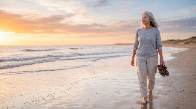 Mature woman walking barefoot along beach at sunset carrying sandals
