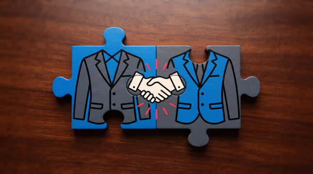Two puzzle pieces forming suits with a handshake graphic, symbolizing business collaboration, agreement, and partnership.