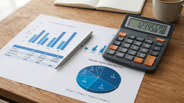 Financial report with bar and pie charts, calculator, pen, open notebook, and coffee cup on a wooden table, symbolizing analysis and business