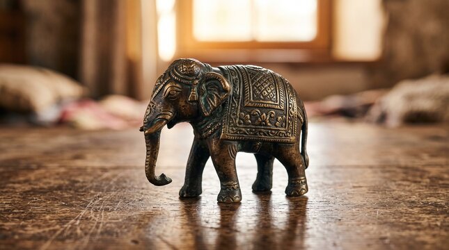 Small antique bronze elephant figurine with traditional patterns on wooden table