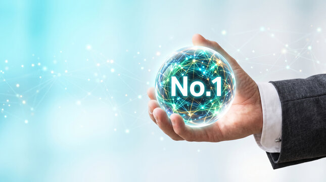 Hand holding a glowing orb with "No. 1" displayed, symbolizing achievement, leadership, and global connection, perfect for business concepts.