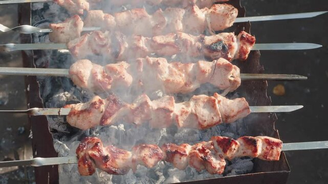 Juicy pork kebabs grilling on metal skewers over hot glowing charcoal embers in a metal brazier. Light smoke rises above appetizing pieces of meat during outdoor barbecue cooking