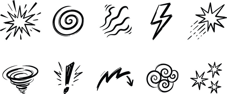 Hand drawn comic accent line vector set, black ink doodle effect icons for graphic design, comic book explosion and energy symbols