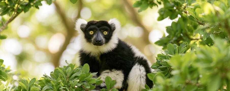 Black and white ruffed lemur sitting amongst lush green foliage in a natural forest