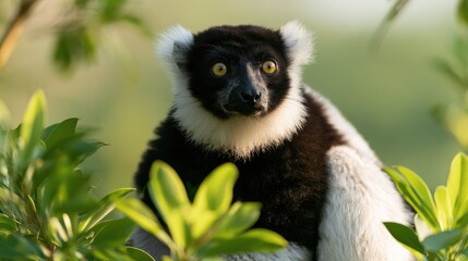 Fototapeta premium Black and white ruffed lemur sitting amongst vibrant green leaves in a natural habitat