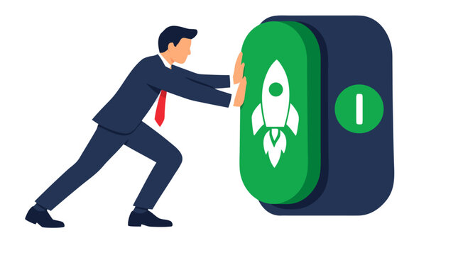 Businessman pushing large green startup launch button with rocket icon, flat vector illustration, entrepreneur activating business growth, bold colors on white background