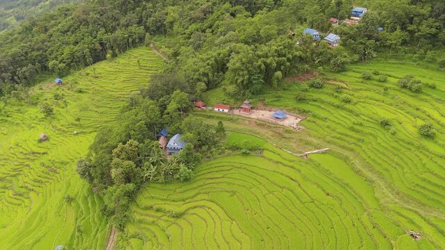 Drone footage of a colorful rural hamlet with blue and red rooftops surrounded by curved rice terraces Nepal