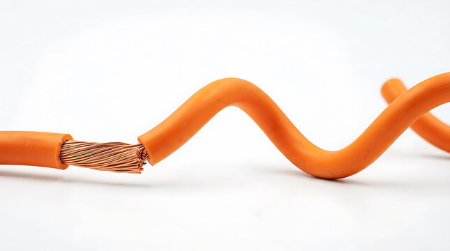 Orange electrical cable with exposed copper wire, bent in a wave shape