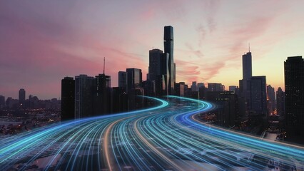 American business district visualizing digital economy, global commerce, financial activity, data flow and urban growth in city at dusk. Aerial © TechAnimationStock