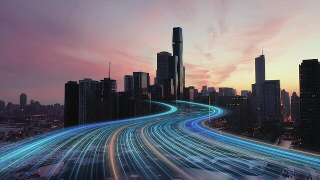 American business district visualizing digital economy, global commerce, financial activity, data flow and urban growth in city at dusk. Aerial