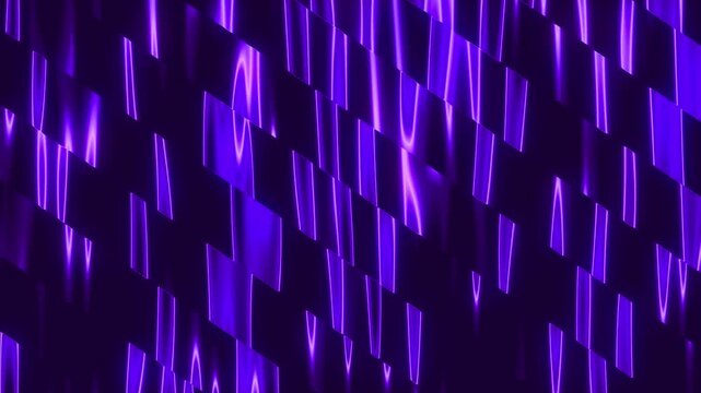 Abstract purple mosaic grid block background. Glowing violet cyber pixel slice motion texture. Futuristic neon geometric digital panel pattern.