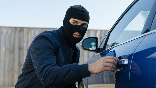 Man in balaclava trying to open car door in residential area, car theft and property crime