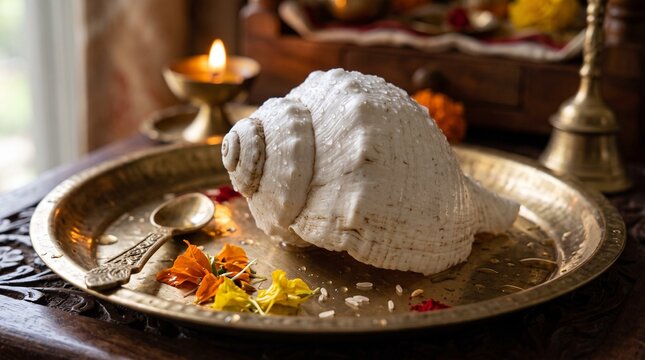 white conch shell shankha resting on a polished brass plate with water