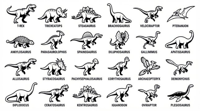 Collection of dinosaurs in different poses, clean bold black and white vector illustrations