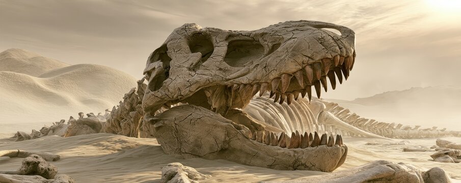 Large dinosaur skeleton with skull and sharp teeth resting in a desert landscape