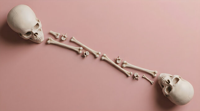 Two human skulls connected by a spine on a pastel pink background