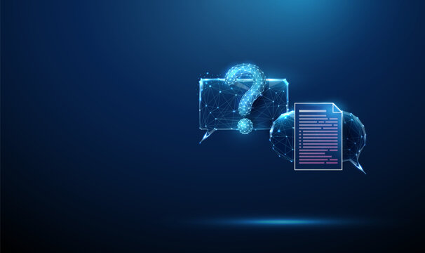 3D blue chat bubbles with question mark and document. Faq, customer support, online help, information request, dialogue, feedback, communication, service concept