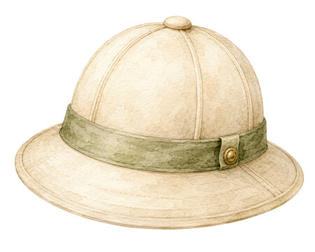 Vintage safari pith helmet, beige explorer hat with olive green band, isolated travel headwear for adventure designs