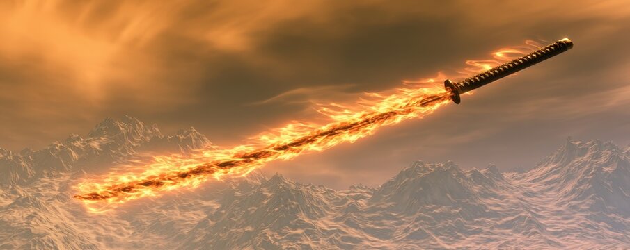 Flaming samurai sword floating above snowy mountains under a dramatic orange sky