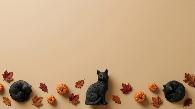 Autumn still life with black cat and colorful fallen leaves on beige