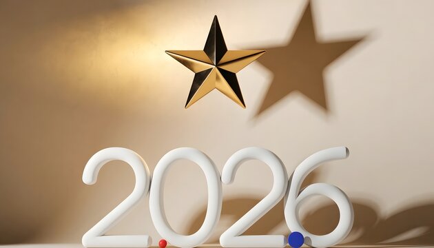 Minimalist white 2026 font paired with golden star icon on beige studio background.