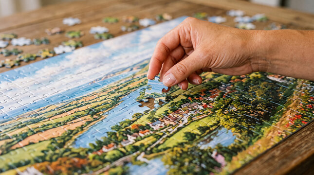 Hand placing puzzle piece onto landscape scene, symbolizing completion, leisure, and a picturesque view, perfect for hobbies or relaxation.