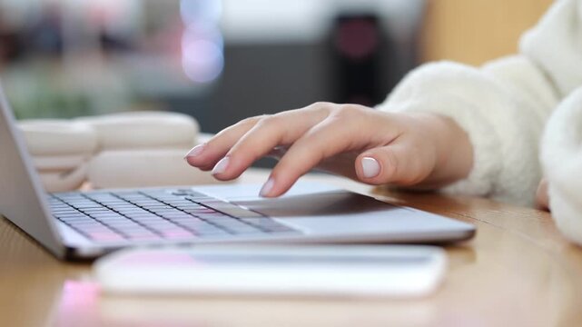 Close-up of a person typing on a laptop keyboard. Fingers press keys on silver laptop. Warm wooden desk with blurred background. Person wears soft white sweater