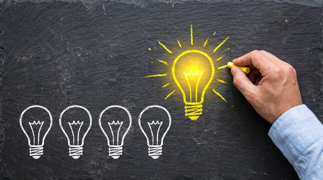Hand draws a glowing lightbulb with chalk on a dark slate, symbolizing innovation and idea generation among others.