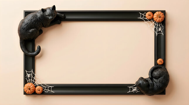 Vintage halloween frame with black cats and pumpkins for spooky designs