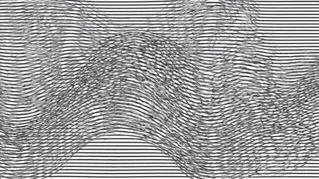 Hypnotic monochromatic parallel lines weaving into distorted wave patterns creating mesmerizing visual motion animation for artistic background video effect project