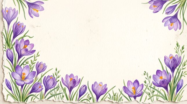Vibrant watercolor border featuring purple crocus flowers and green leaves set on a textured paper background ideal for spring greetings invitations or decorative design