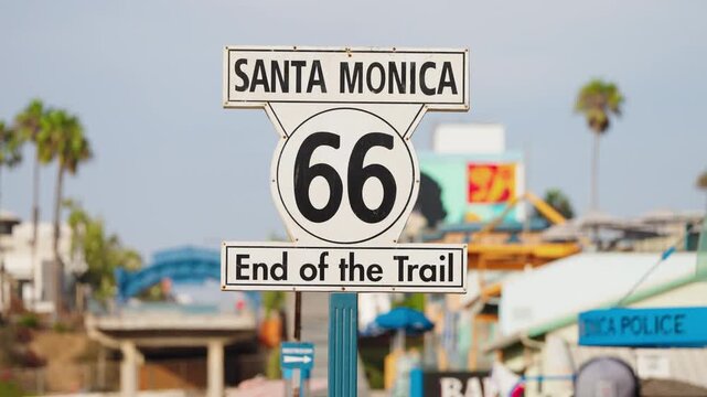Route 66 End of the Trail sign at Santa Monica Pier California
