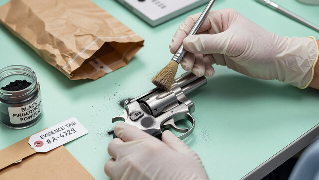 Forensic scientist dusting revolver for fingerprints in lab, crime investigation and evidence collection