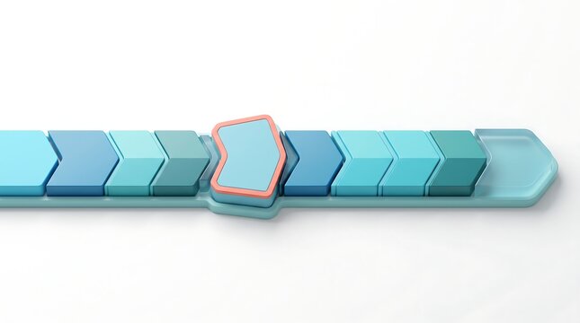 3D rendered blue chevron process flow diagram with a highlighted central step on white background
