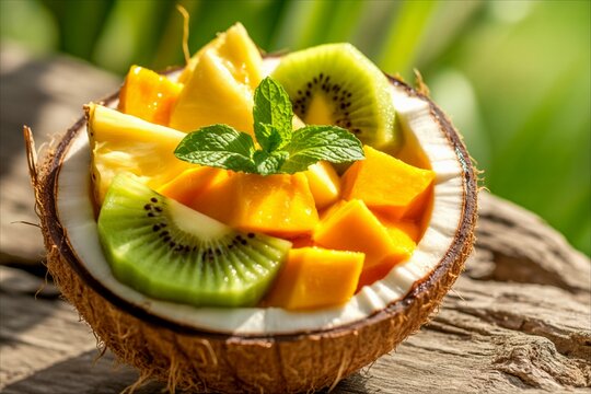 Fresh tropical fruit salad served inside a hollow coconut shell