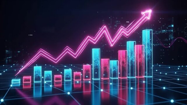 Neon bar chart with rising pink arrow. Digital stock market trading growth background. Cyber business economy and financial data analytics.