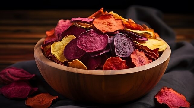 Wooden bowl filled with vibrant mixed root vegetable chips healthy snack.