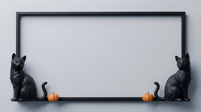 Halloween decoration mockup with black cats and pumpkins on mantelpiece