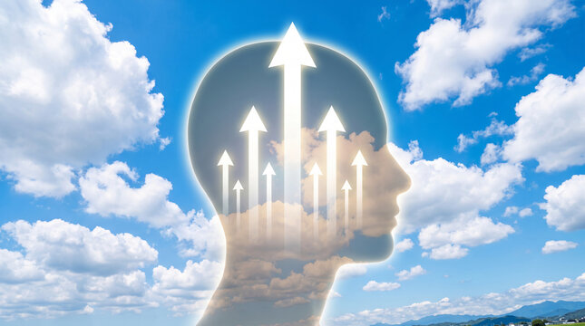 Human profile with ascending arrows superimposed, symbolizing growth and progress against a sky backdrop, representing aspiration and achievement