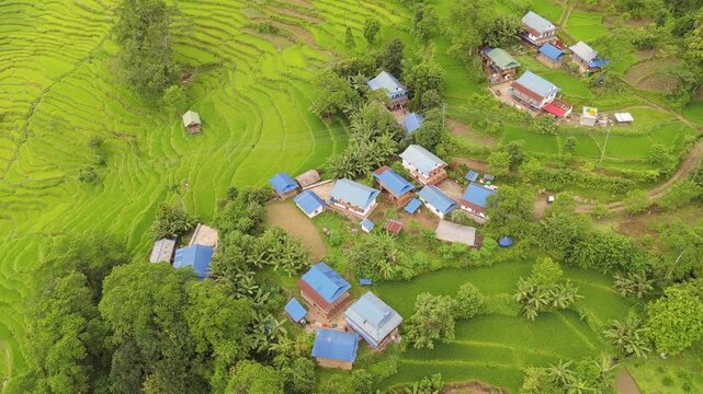 Aerial drone footage of a hillside hamlet clustered around a clearing amid forest and rice terraces Nepal