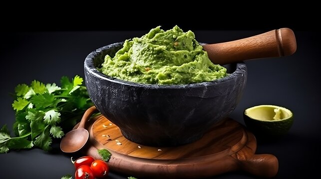 Creamy guacamole in stone mortar with wooden spoon and fresh ingredients.