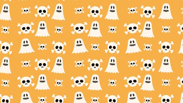 Halloween seamless pattern background with cartoon ghosts and skull crossbones rising motion loop