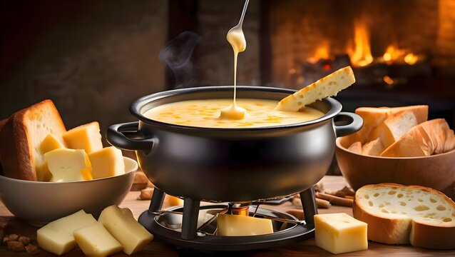 Hot melted cheese fondue pouring smoothly from fondue pot served with fresh crusty bread pieces on rustic table